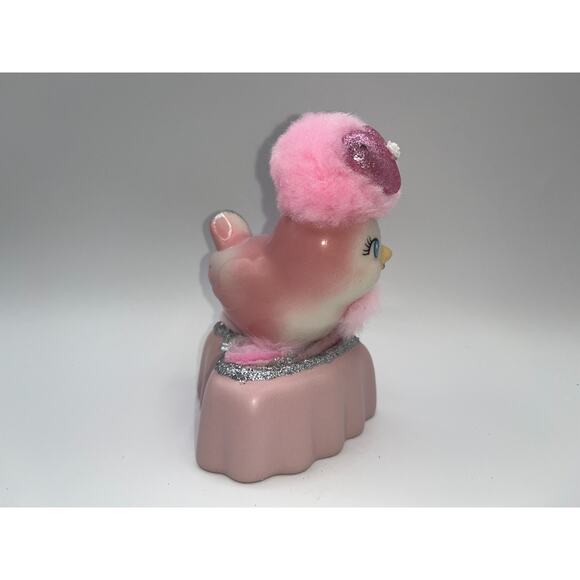 Vintage Pink Ceramic Bird Valentine Day Pink Heart Poofy Hat Fur Princess OOAK - Picture 10 of 16